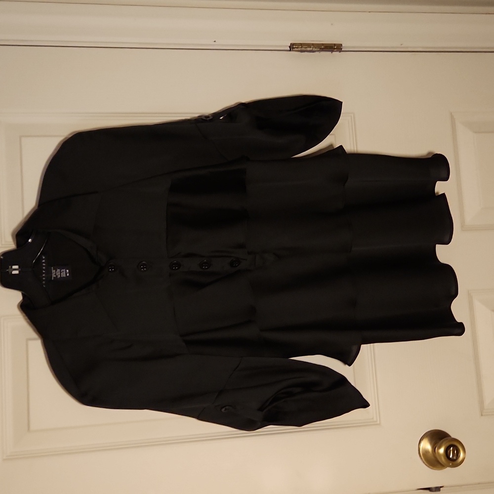 Apostrophe black layered ruffled silky button down top